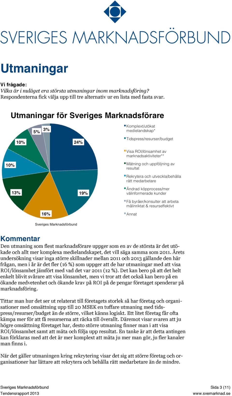 Årets undersökning visar inga större skillnader mellan 2011 och 2013 gällande den här frågan, men i år är det fler (16 %) som uppger att de har utmaningar med att visa ROI/lönsamhet jämfört med vad