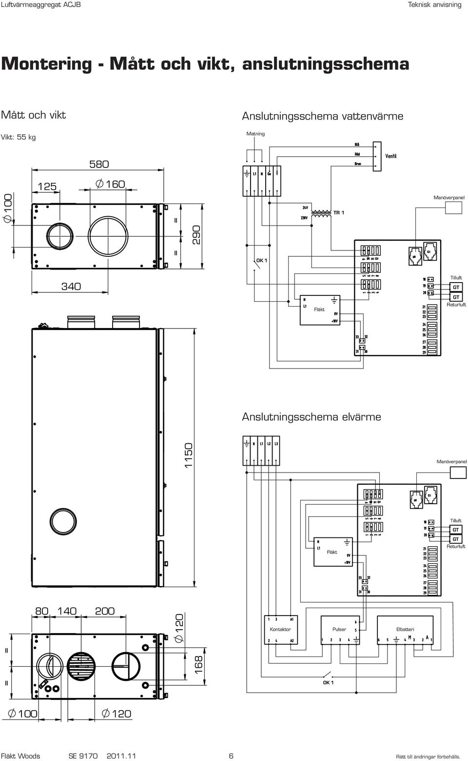 GT GT Returluft Anslutningsschema elvärme 1150 Manöverpanel Tilluft GT Fläkt GT Returluft 80 140 200
