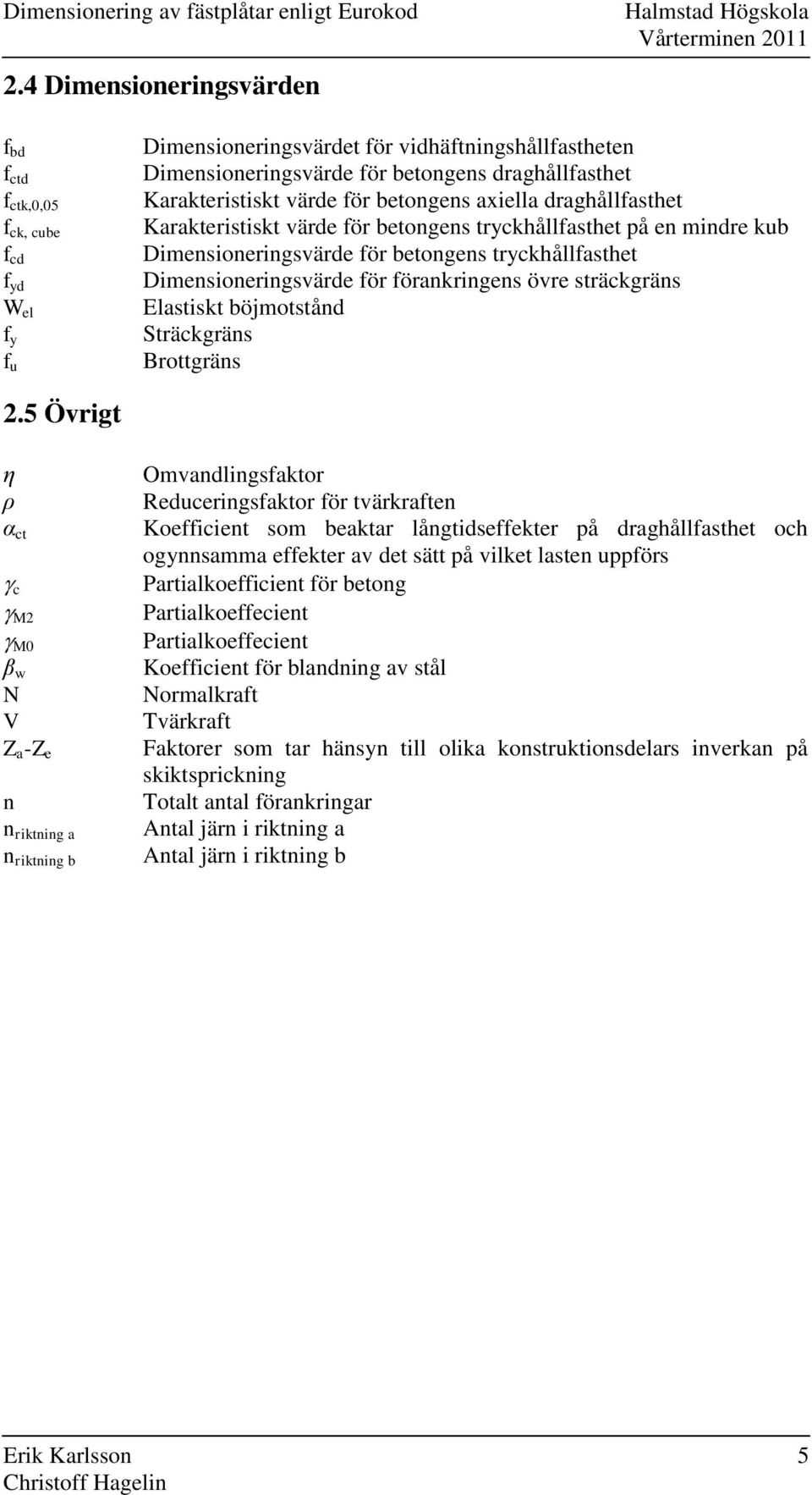 draghållfasthet Karakteristiskt värde för betongens axiella draghållfasthet Karakteristiskt värde för betongens tryckhållfasthet på en mindre kub Dimensioneringsvärde för betongens tryckhållfasthet