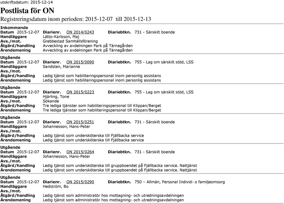 Tärnegården tgående Datum 2015-12-07 Diarienr. ON 2015/0090 Diariebtkn.