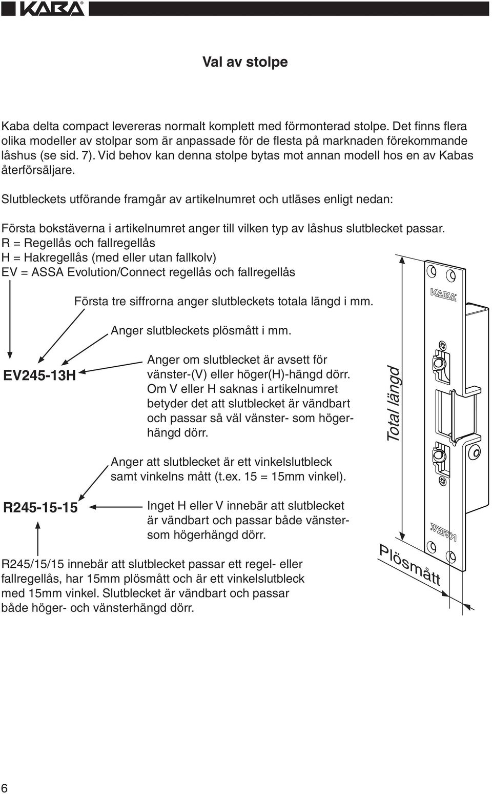 Slutbleckets utförande framgår av artikelnumret och utläses enligt nedan: Första bokstäverna i artikelnumret anger till vilken typ av låshus slutblecket passar.