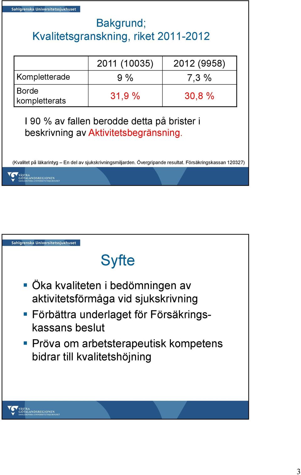 (Kvalitet på läkarintyg En del av sjukskrivningsmiljarden. Övergripande resultat.