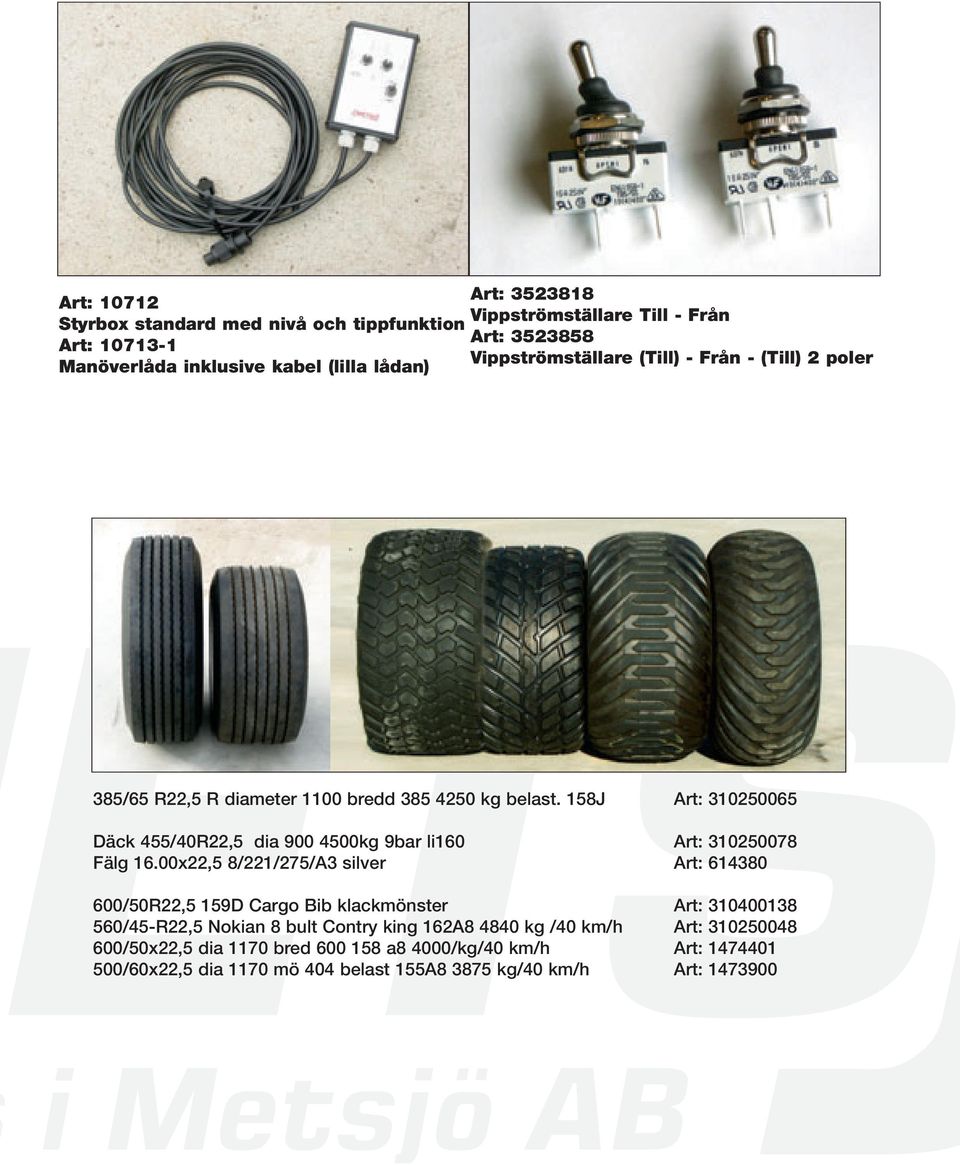 158J Art: 310250065 Däck 455/40R22,5 dia 900 4500kg 9bar li160 Art: 310250078 Fälg 16.