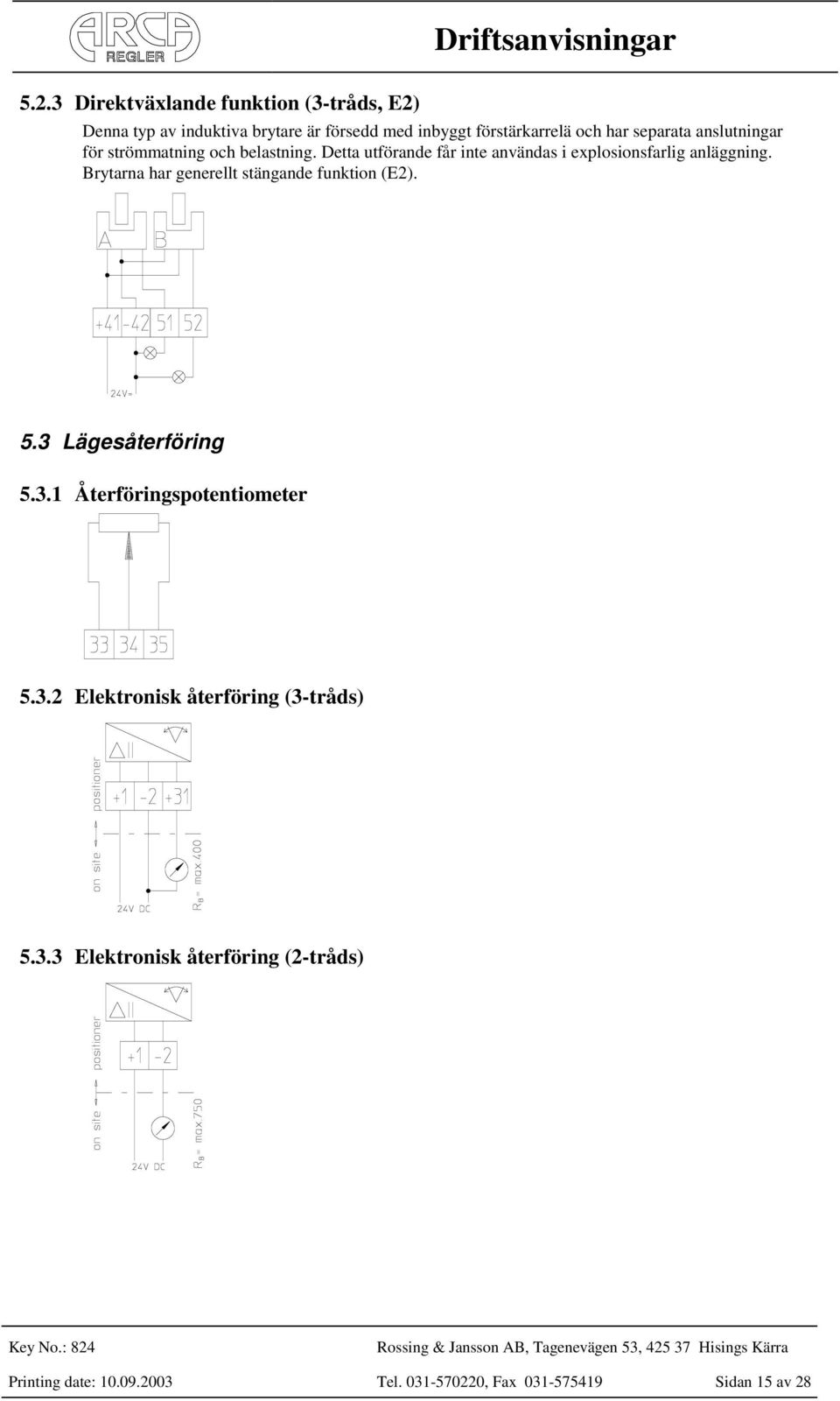 Brytarna har generellt stängande funktion (E2). 5.3 Lägesåterföring 5.3.1 Återföringspotentiometer 5.3.2 Elektronisk återföring (3-tråds) 5.