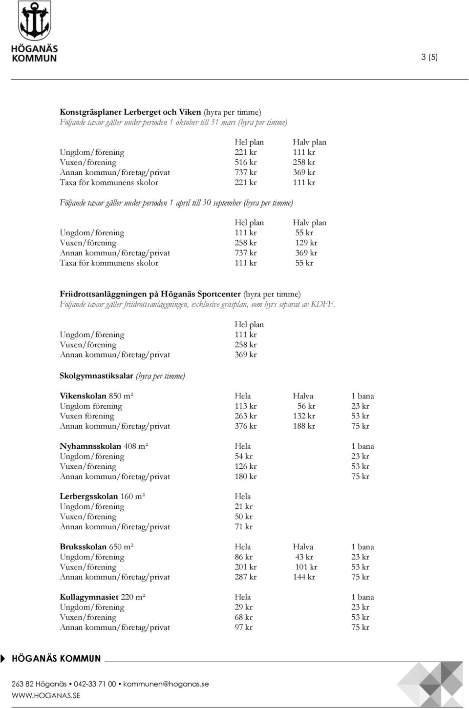 skolor 111 kr 55 kr Friidrottsanläggningen på Höganäs Sportcenter (hyra per timme) Följande taxor gäller friidrottsanläggningen, exklusive gräsplan, som hyrs separat av KDFF.