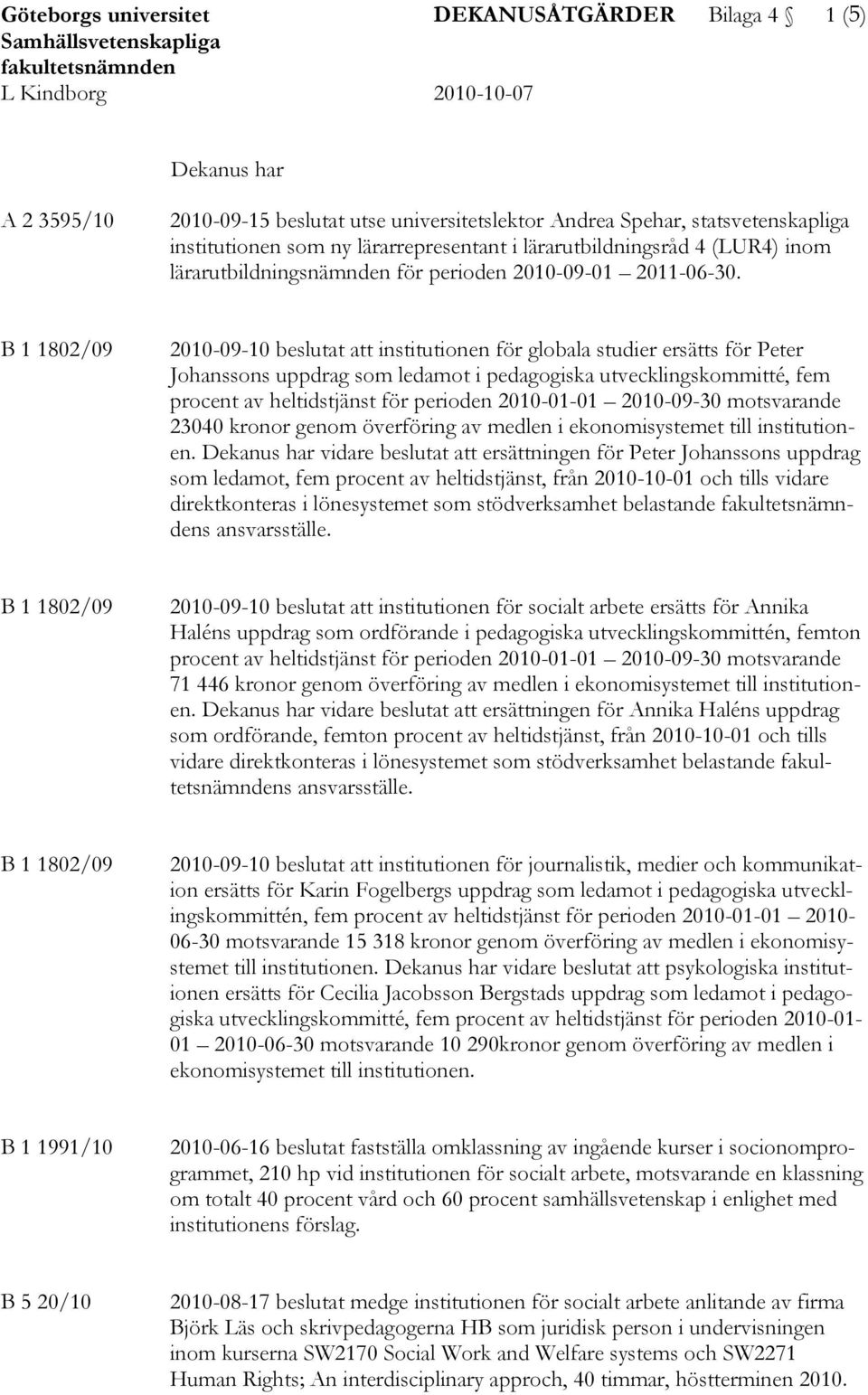 B 1 1802/09 2010-09-10 beslutat att institutionen för globala studier ersätts för Peter Johanssons uppdrag som ledamot i pedagogiska utvecklingskommitté, fem procent av heltidstjänst för perioden