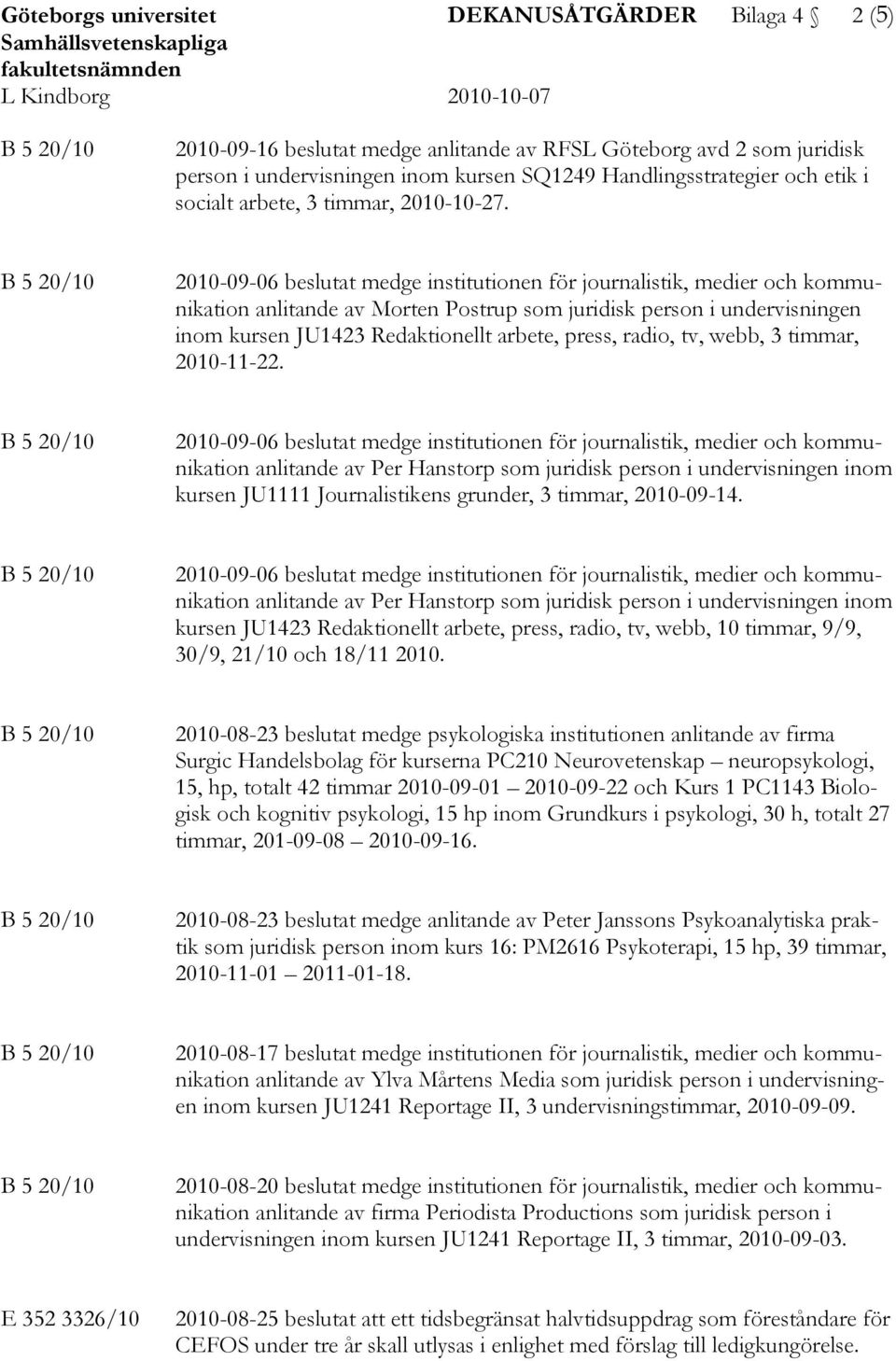 2010-09-06 beslutat medge institutionen för journalistik, medier och kommunikation anlitande av Morten Postrup som juridisk person i undervisningen inom kursen JU1423 Redaktionellt arbete, press,