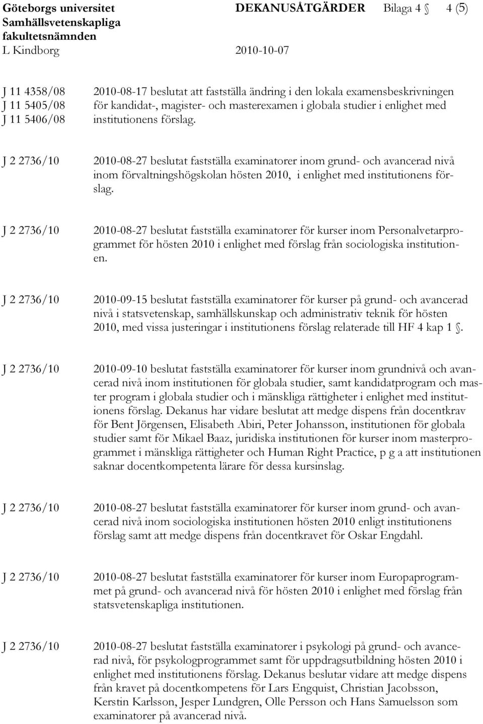 2010-08-27 beslutat fastställa examinatorer inom grund- och avancerad nivå inom förvaltningshögskolan hösten 2010, i enlighet med institutionens förslag.