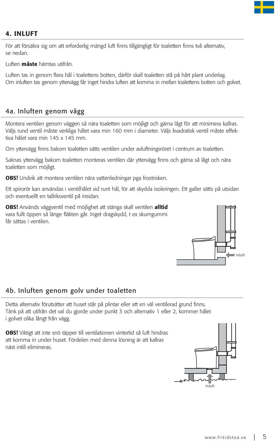 Om inluften tas genom yttervägg får inget hindra luften att komma in mellan toalettens botten och golvet. 4a.