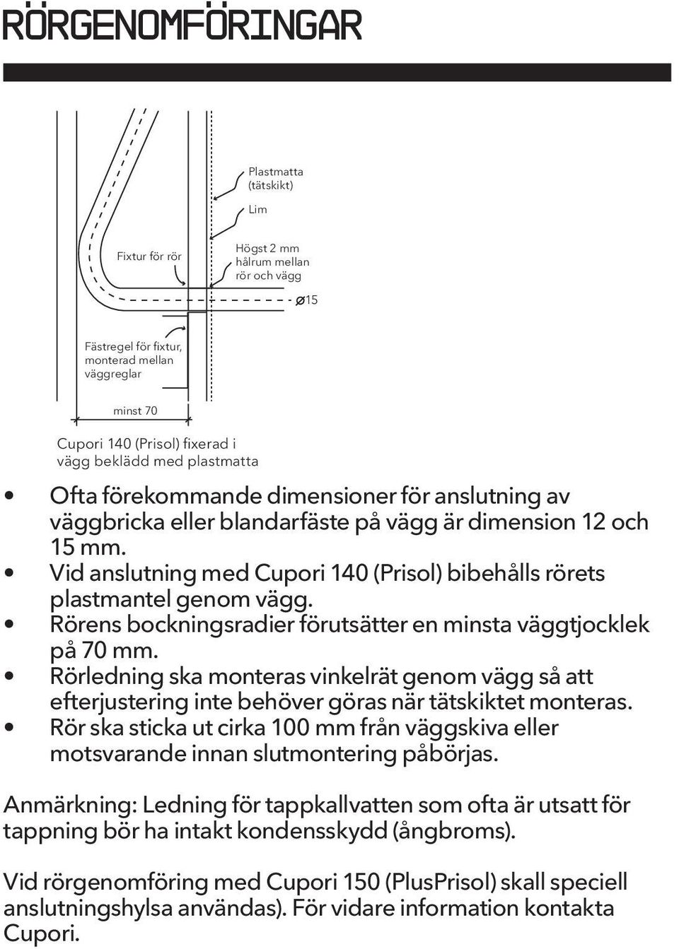 Vid anslutning med Cupori 140 (Prisol) bibehålls rörets plastmantel genom vägg. Rörens bockningsradier förutsätter en minsta väggtjocklek på 70.