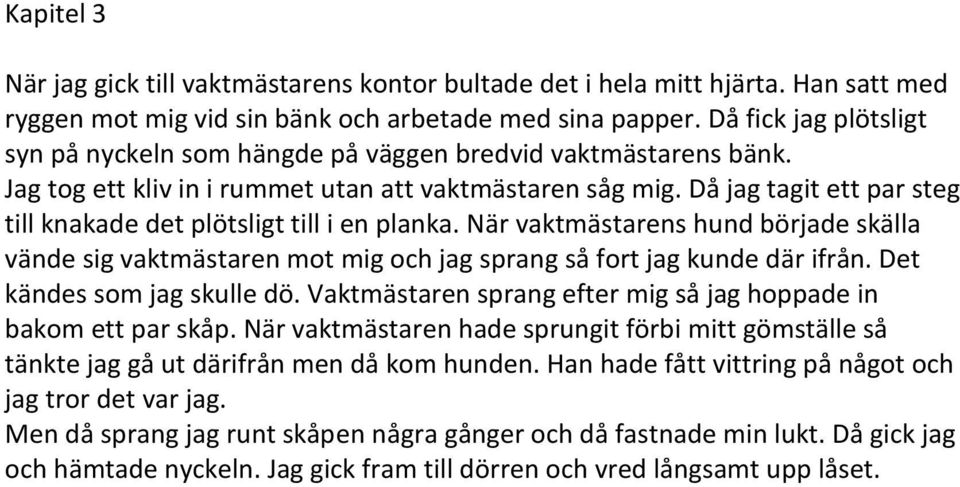 Då jag tagit ett par steg till knakade det plötsligt till i en planka. När vaktmästarens hund började skälla vände sig vaktmästaren mot mig och jag sprang så fort jag kunde där ifrån.