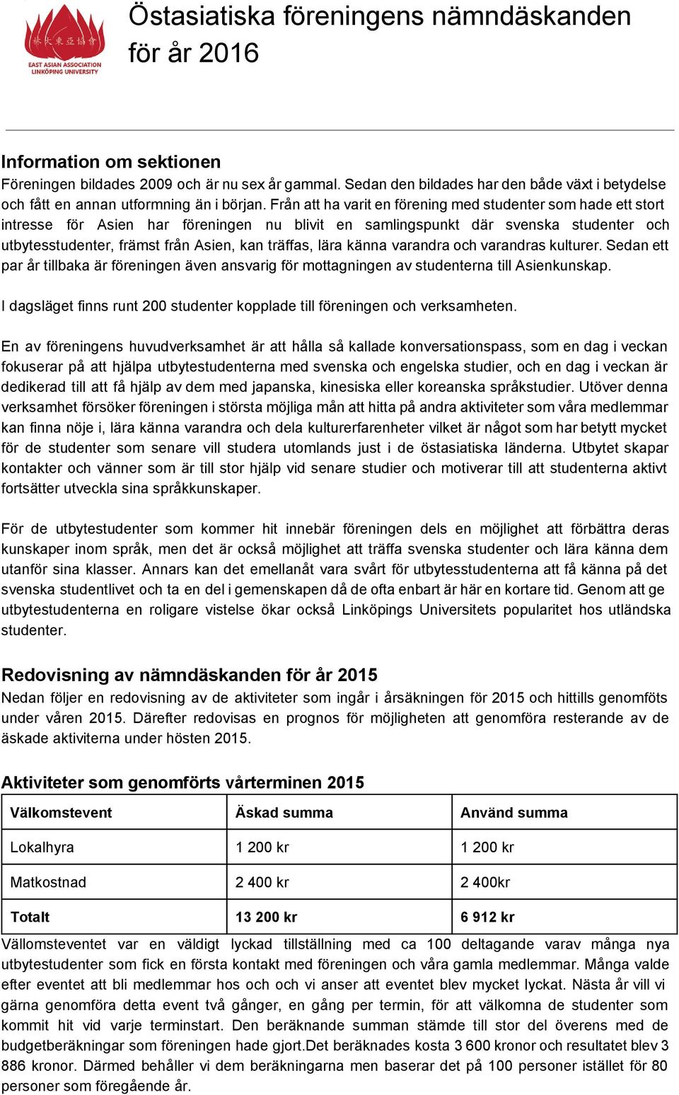 Från att ha varit en förening med studenter som hade ett stort intresse för Asien har föreningen nu blivit en samlingspunkt där svenska studenter och utbytesstudenter, främst från Asien, kan träffas,