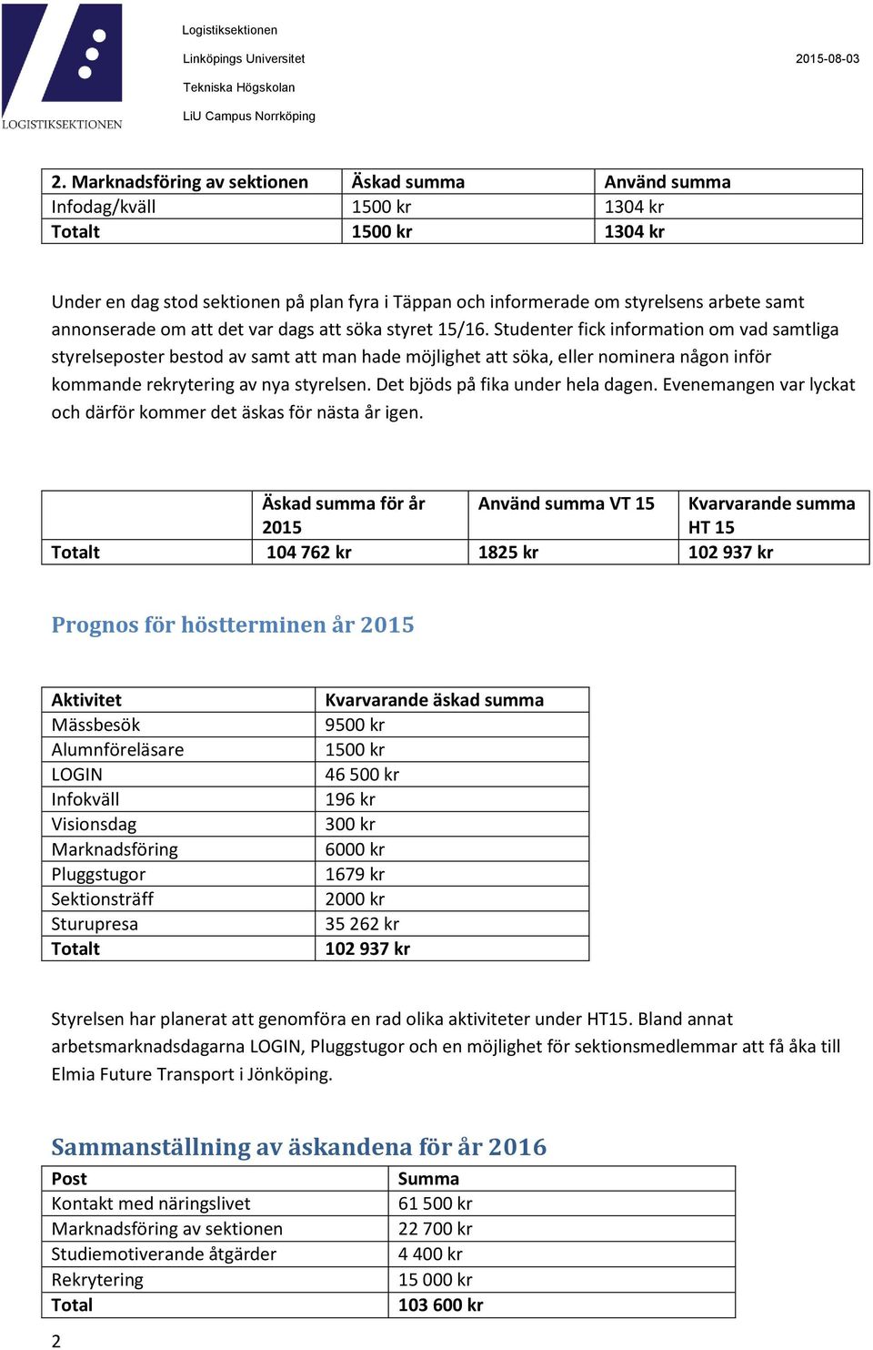 annonserade om att det var dags att söka styret 15/16.