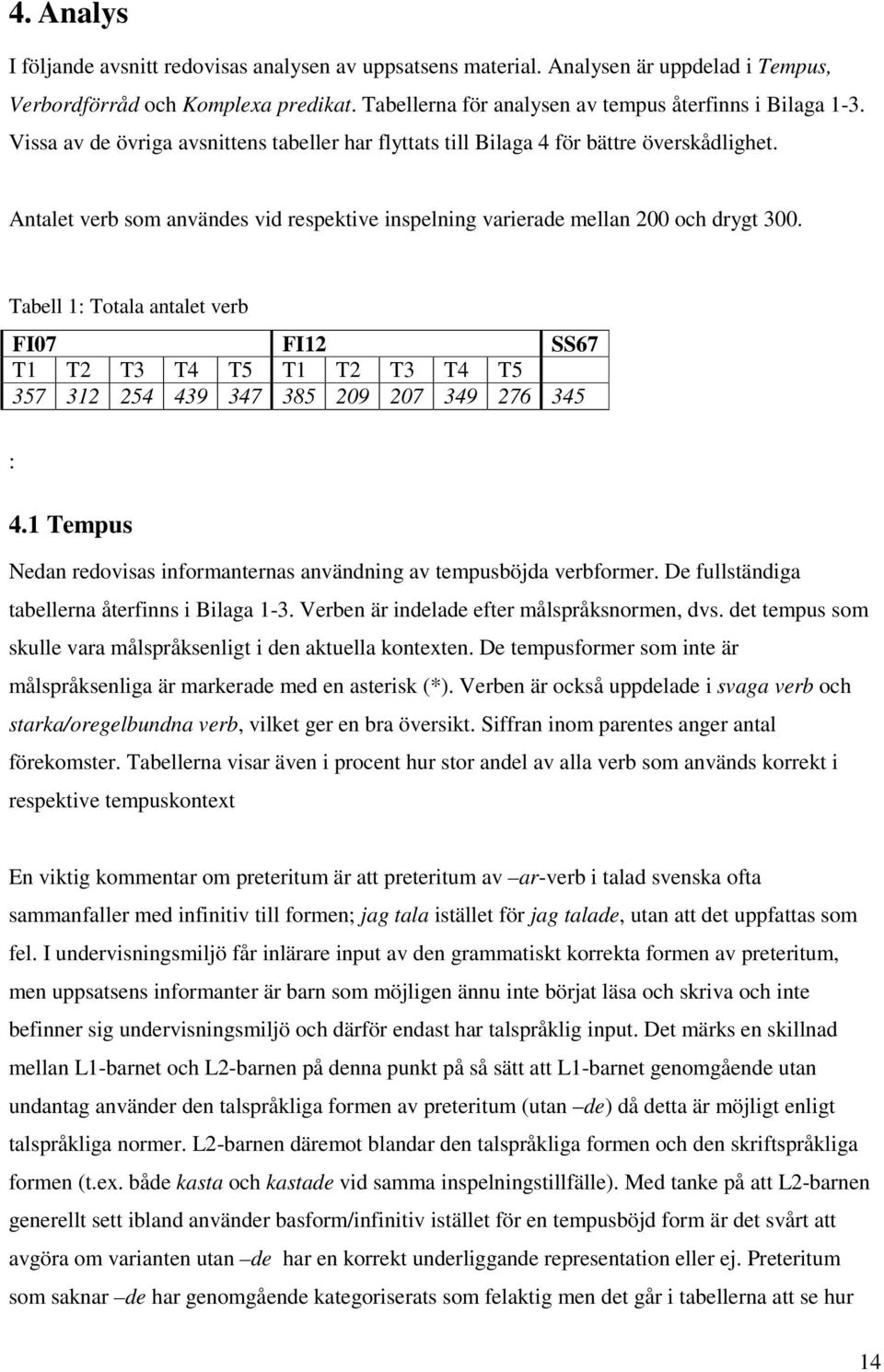 Tabell 1: Totala antalet verb FI07 FI12 SS67 T1 T2 T3 T4 T5 T1 T2 T3 T4 T5 357 312 254 439 347 385 209 207 349 276 345 : 4.1 Tempus Nedan redovisas informanternas användning av tempusböjda verbformer.