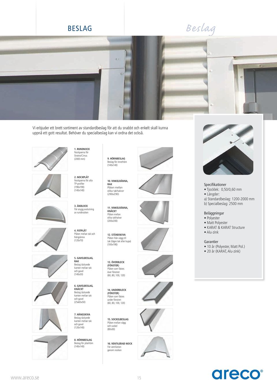 ÄNDLOCK För snygg avslutning av rundnocken 4. FOTPLÅT Plåten mellan tak och hängränna (120x70) 5. GAVELBESLAG, RAK Beslag täckande kanten mellan tak och gavel (140x30) 10.