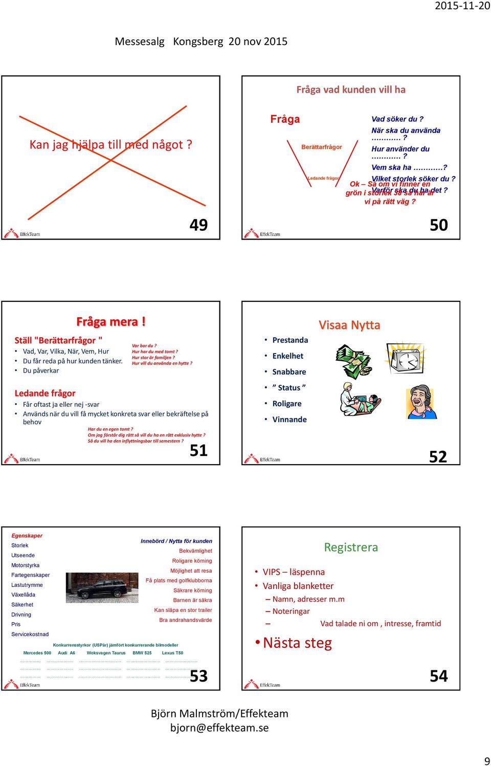 Du påverkar Ledande frågor Får oftast ja eller nej -svar Används när du vill få mycket konkreta svar eller bekräftelse på behov Var bor du? Hur har du med tomt? Hur stor är familjen?
