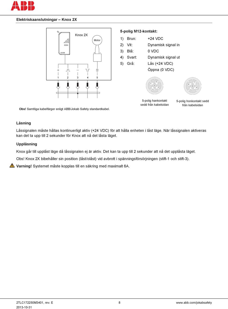 5-polig hankontakt sedd från kabelsidan 5-polig honkontakt sedd från kabelsidan Låsning Låssignalen måste hållas kontinuerligt aktiv (+24 VDC) för att hålla enheten i låst läge.