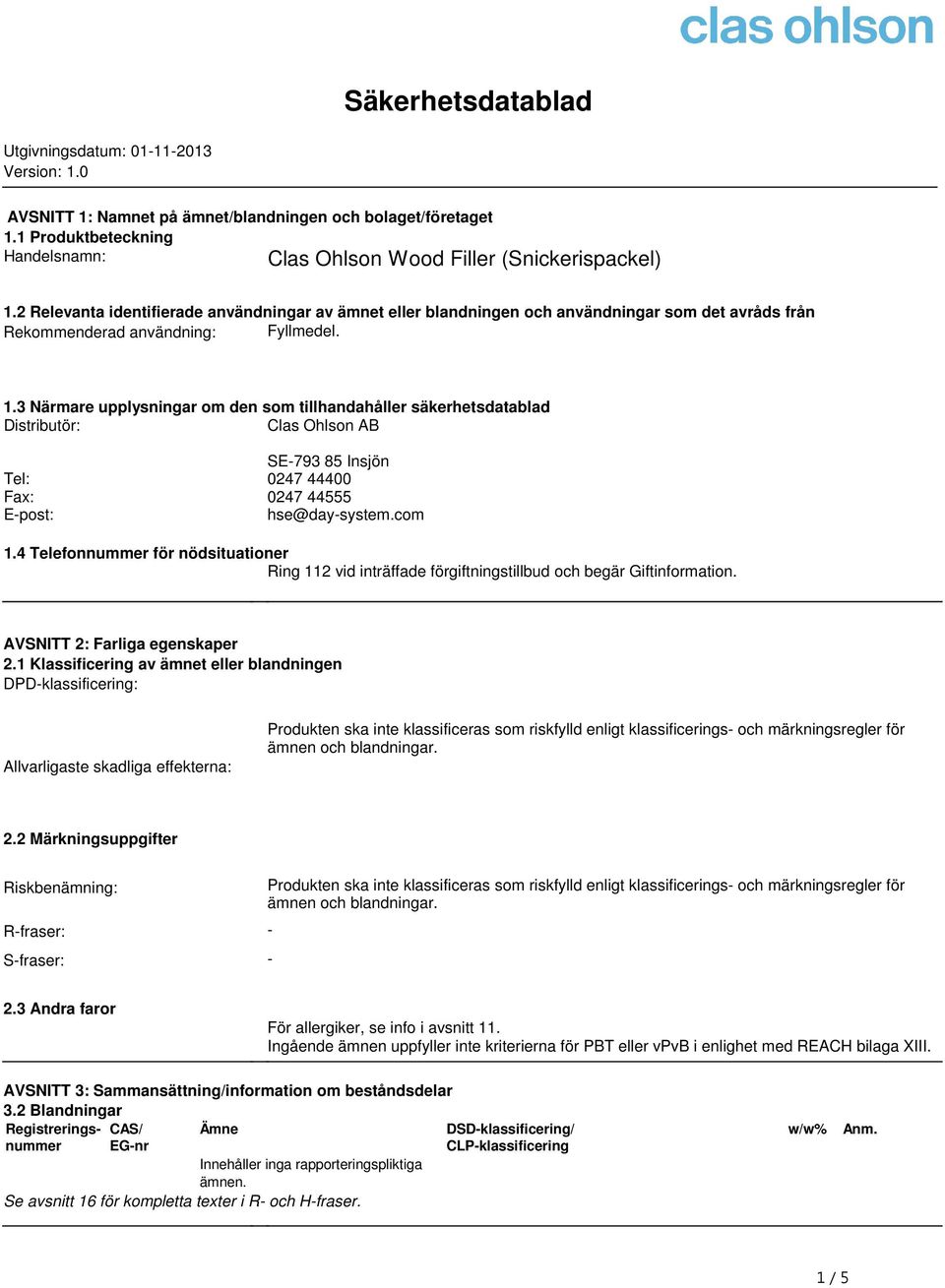 3 Närmare upplysningar om den som tillhandahåller säkerhetsdatablad Distributör: Clas Ohlson AB SE-793 85 Insjön Tel: 0247 44400 Fax: 0247 44555 E-post: hse@day-system.com 1.