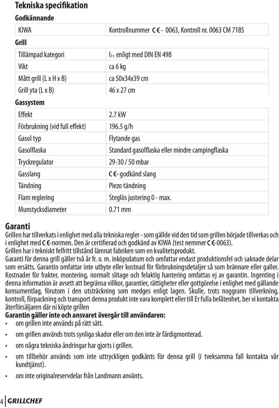 Gasslang Tändning Flam reglering Munstycksdiameter ca 6 kg ca 50x34x39 cm 46 x 27 cm 2.7 kw 196.