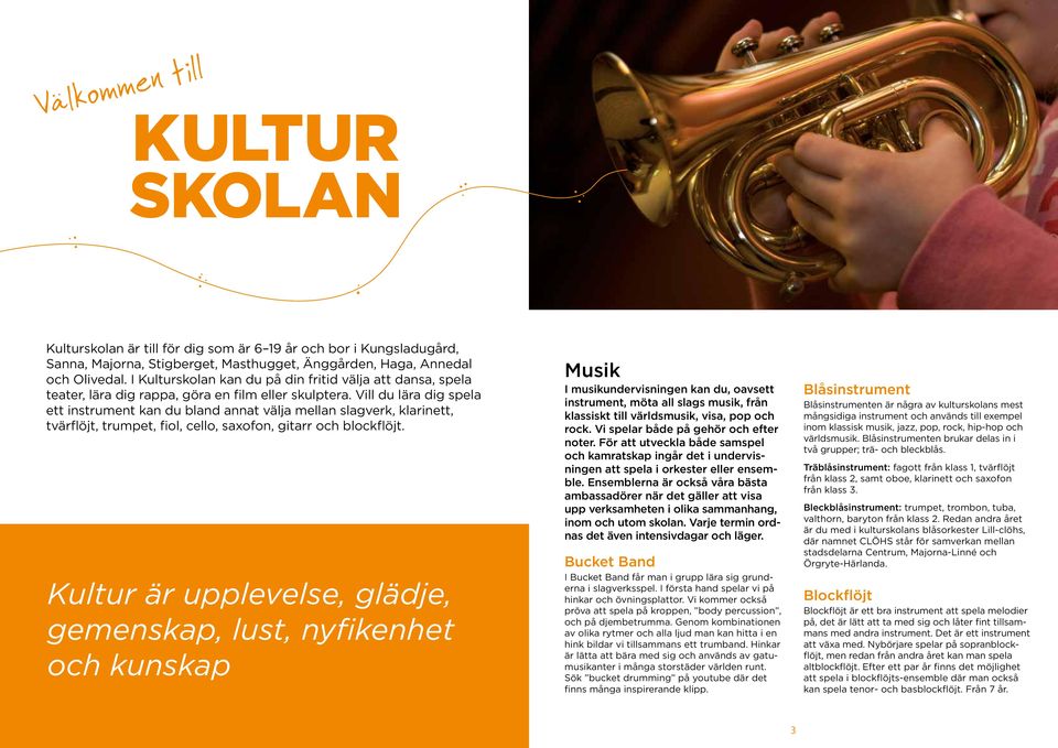 Vill du lära dig spela ett instrument kan du bland annat välja mellan slagverk, klarinett, tvärflöjt, trumpet, fiol, cello, saxofon, gitarr och blockflöjt.