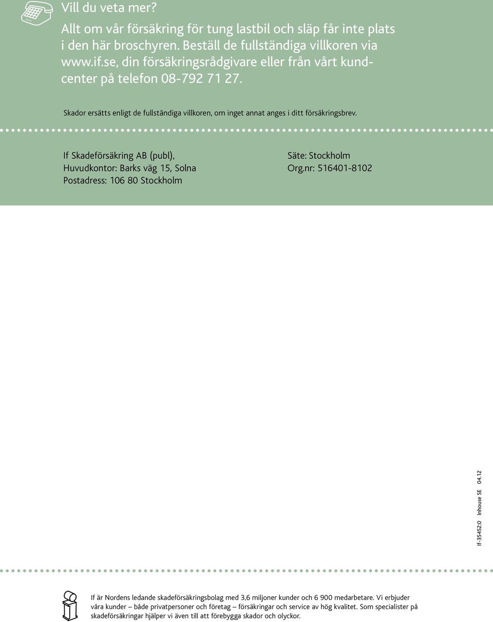 If Skadeförsäkring AB (publ), Huvudkontor: Barks väg 15, Solna Postadress: 106 80 Stockholm Säte: Stockholm Org.nr: 516401-8102 If-35452:0 Inhouse SE 04.