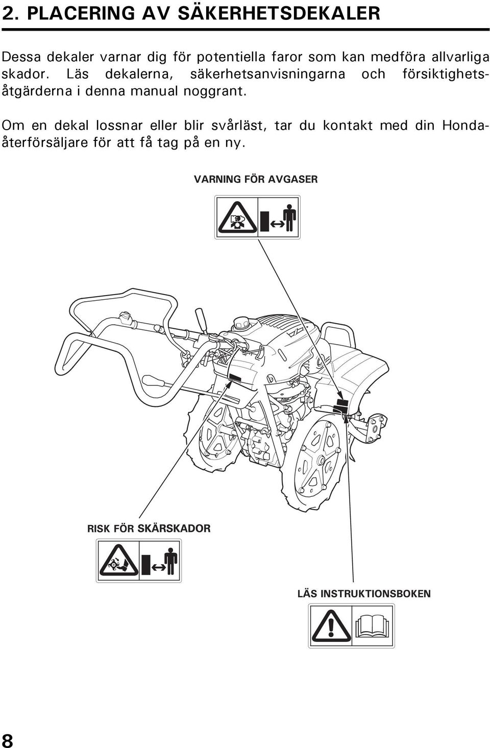 Läs dekalerna, säkerhetsanvisningarna och försiktighetsåtgärderna i denna