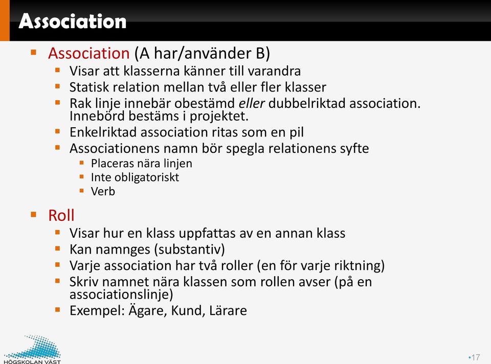 Enkelriktad association ritas som en pil Associationens namn bör spegla relationens syfte Placeras nära linjen Inte obligatoriskt Verb Roll Visar