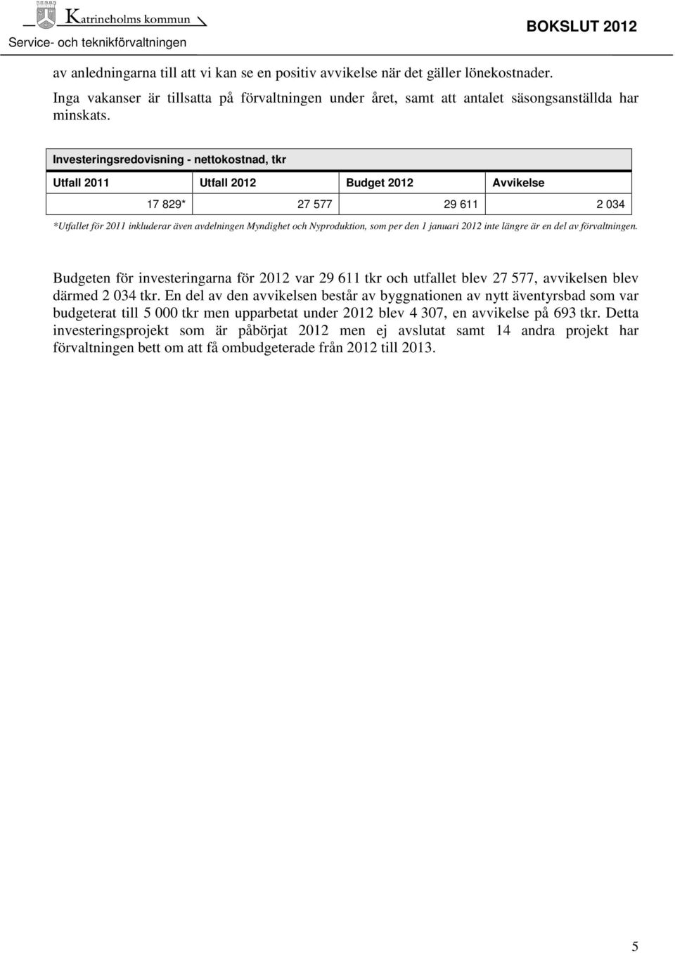 per den 1 januari 2012 inte längre är en del av förvaltningen. Budgeten för investeringarna för 2012 var 29 611 tkr och utfallet blev 27 577, avvikelsen blev därmed 2 034 tkr.