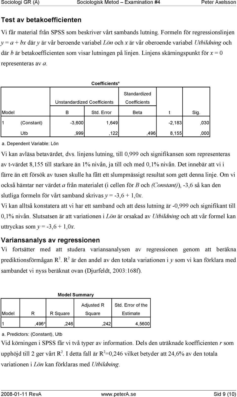 Linjens skärningspunkt för x = 0 representeras av a. Coefficients a Unstandardized Coefficients Standardized Coefficients Model B Std. Error Beta t Sig.