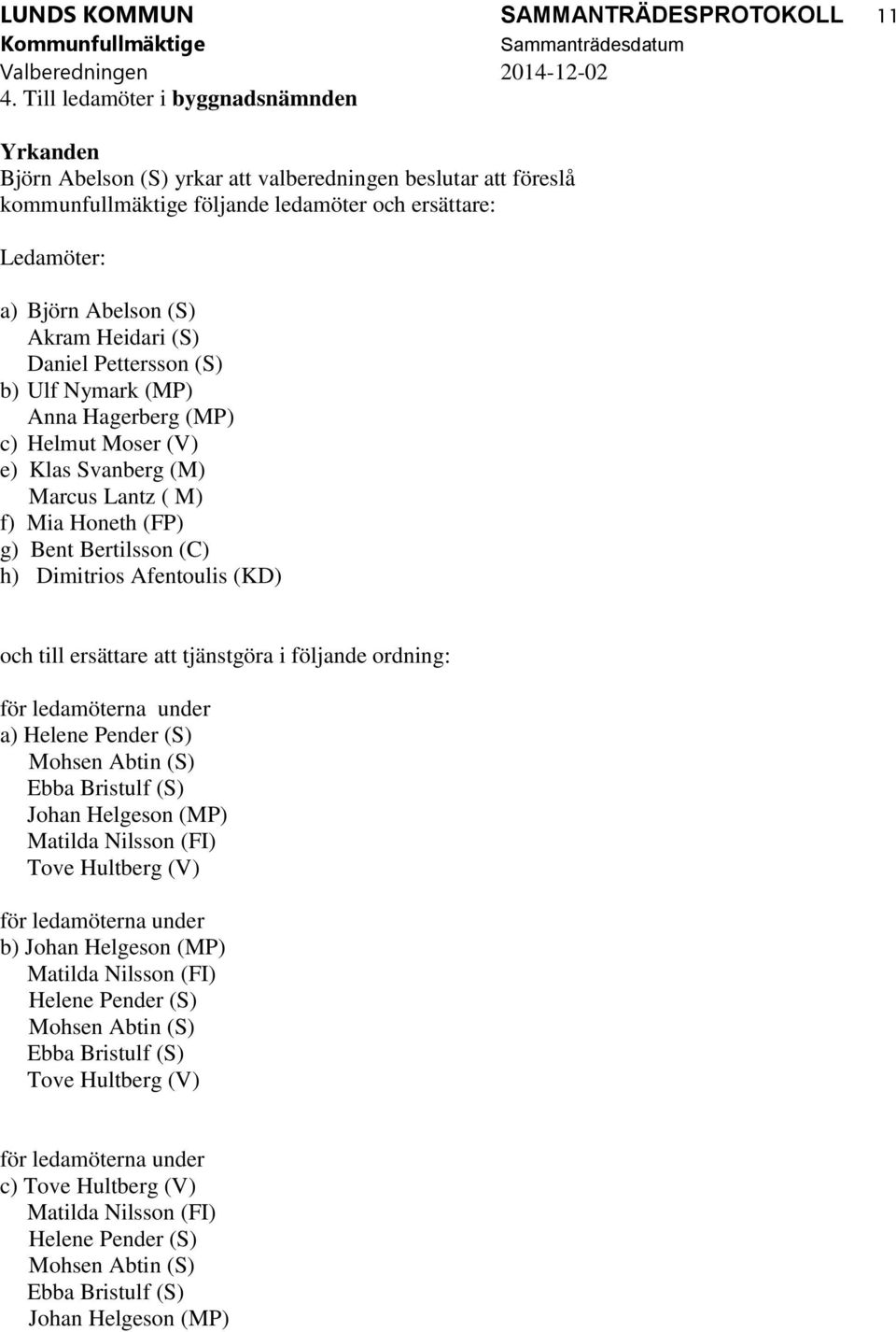 Heidari (S) Daniel Pettersson (S) b) Ulf Nymark (MP) Anna Hagerberg (MP) c) Helmut Moser (V) e) Klas Svanberg (M) Marcus Lantz ( M) f) Mia Honeth (FP) g) Bent Bertilsson (C) h) Dimitrios Afentoulis