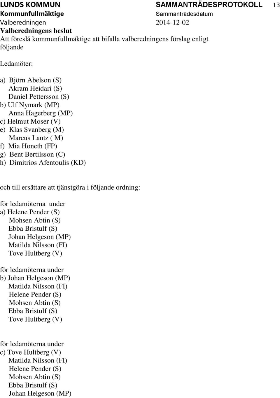 till ersättare att tjänstgöra i följande ordning: a) Helene Pender (S) Mohsen Abtin (S) Ebba Bristulf (S) Johan Helgeson (MP) Matilda Nilsson (FI) Tove Hultberg (V) b) Johan Helgeson (MP) Matilda
