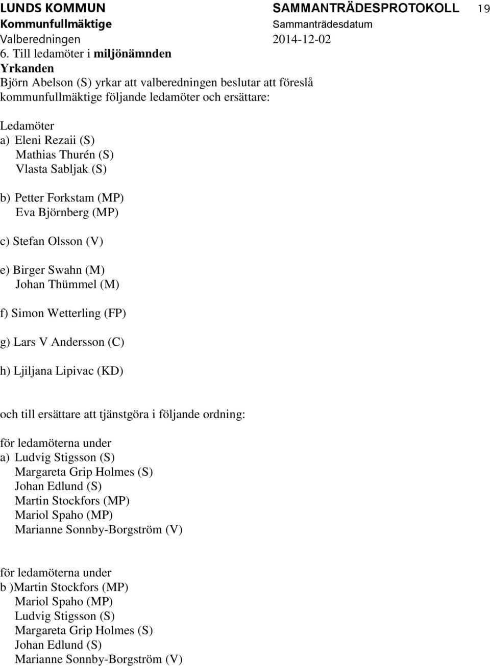 Mathias Thurén (S) Vlasta Sabljak (S) b) Petter Forkstam (MP) Eva Björnberg (MP) c) Stefan Olsson (V) e) Birger Swahn (M) Johan Thümmel (M) f) Simon Wetterling (FP) g) Lars V Andersson (C) h)