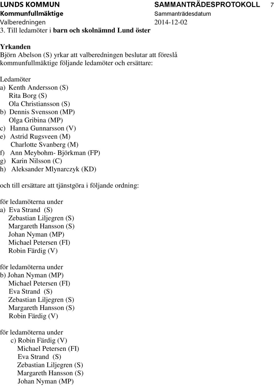 Andersson (S) Rita Borg (S) Ola Christiansson (S) b) Dennis Svensson (MP) Olga Gribina (MP) c) Hanna Gunnarsson (V) e) Astrid Rugsveen (M) Charlotte Svanberg (M) f) Ann Meybohm- Björkman (FP) g)