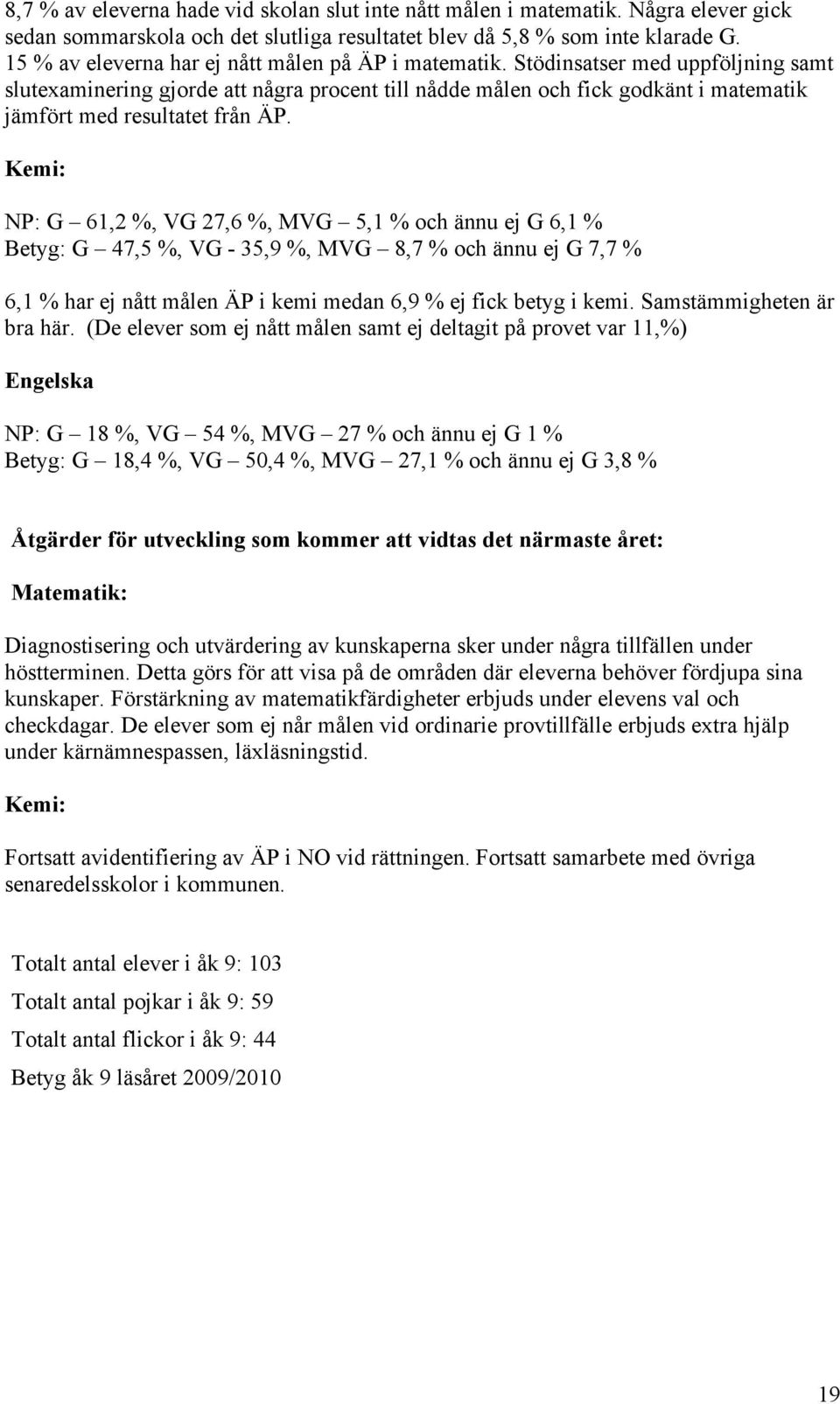 Kemi: NP: G 61,2 %, VG 27,6 %, MVG 5,1 % och ännu ej G 6,1 % Betyg: G 47,5 %, VG - 35,9 %, MVG 8,7 % och ännu ej G 7,7 % 6,1 % har ej nått målen ÄP i kemi medan 6,9 % ej fick betyg i kemi.