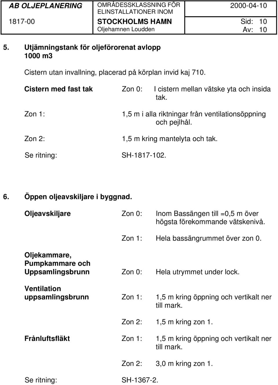 Oljeavskiljare Zon 0: Inom Bassängen till =0,5 m över högsta förekommande vätskenivå. Zon 1: Hela bassängrummet över zon 0.