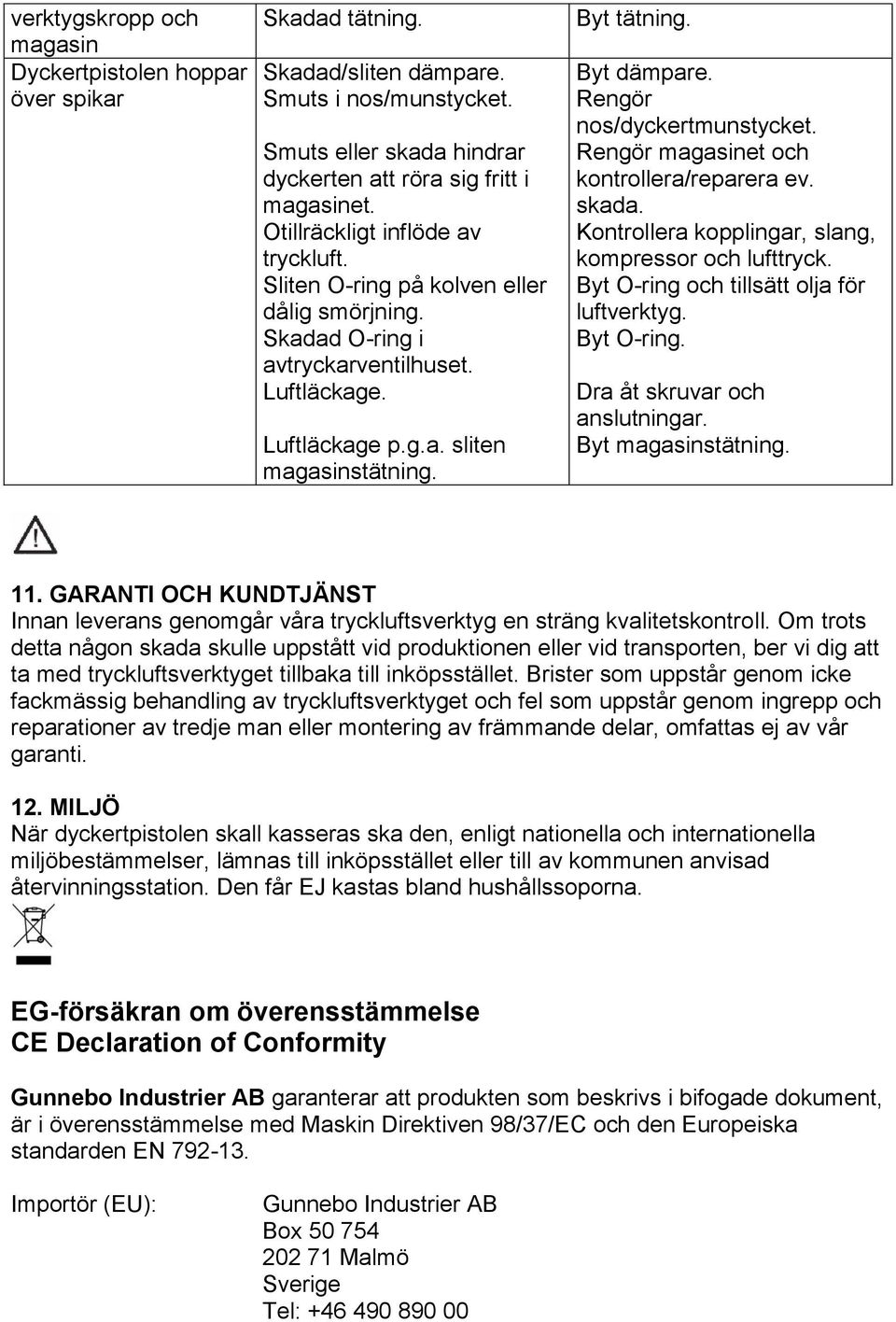 Byt dämpare. Rengör nos/dyckertmunstycket. Rengör magasinet och kontrollera/reparera ev. skada. Kontrollera kopplingar, slang, kompressor och lufttryck. Byt O-ring och tillsätt olja för luftverktyg.