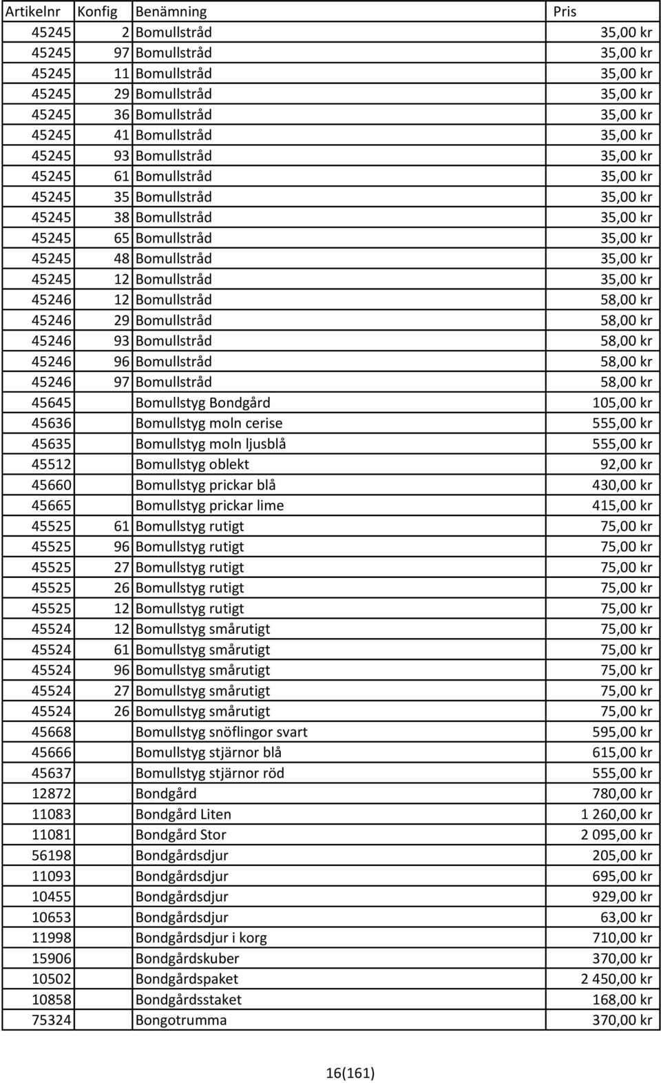 Bomullstråd 58,00 kr 45246 29 Bomullstråd 58,00 kr 45246 93 Bomullstråd 58,00 kr 45246 96 Bomullstråd 58,00 kr 45246 97 Bomullstråd 58,00 kr 45645 Bomullstyg Bondgård 105,00 kr 45636 Bomullstyg moln