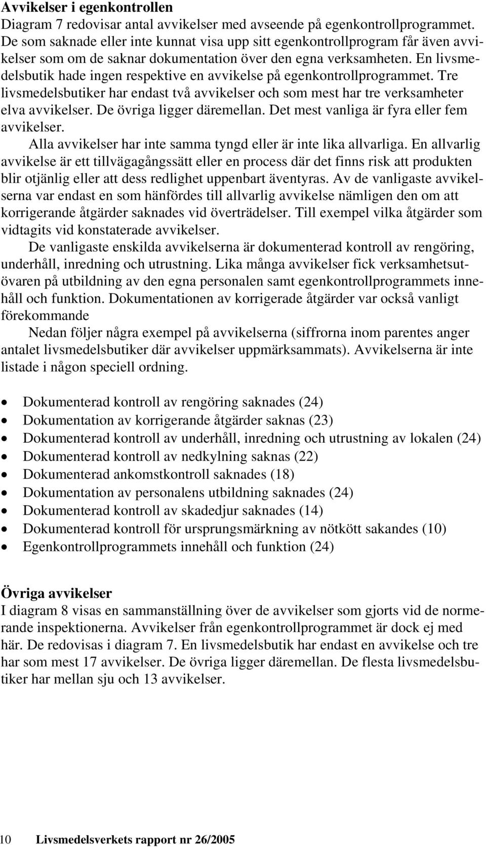 En livsmedelsbutik hade ingen respektive en avvikelse på egenkontrollprogrammet. Tre livsmedelsbutiker har endast två avvikelser och som mest har tre verksamheter elva avvikelser.