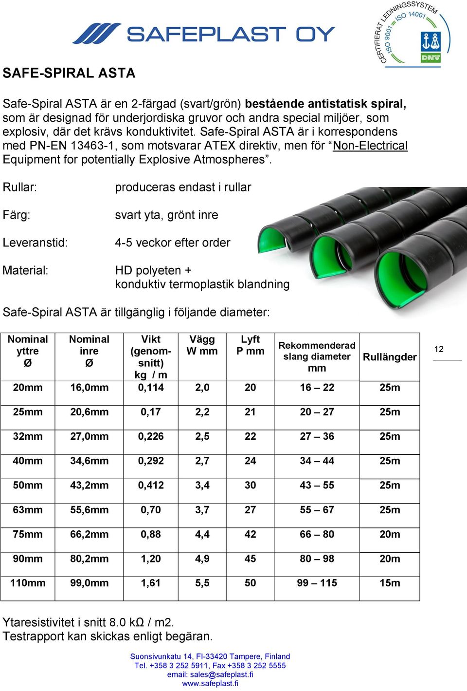 Rullar: Färg: Leveranstid: produceras endast i rullar svart yta, grönt inre 4-5 veckor efter order Material: HD polyeten + konduktiv termoplastik blandning Safe-Spiral ASTA är tillgänglig i följande