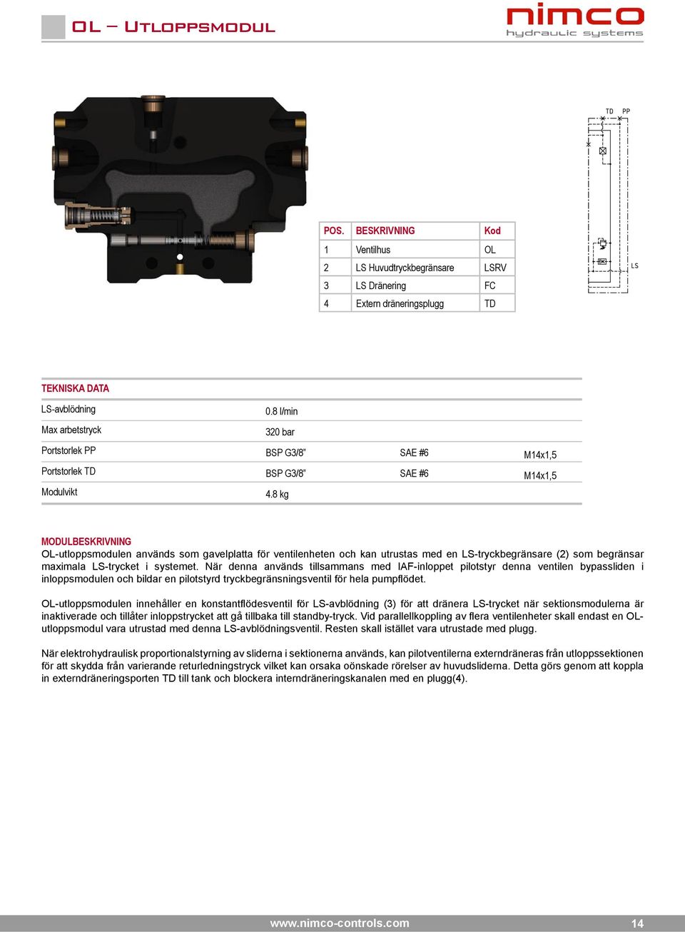 kg SAE #6 SAE #6 M14x1,5 M14x1,5 MODULBESKRIVNING OL-utloppsmodulen används som gavelplatta för ventilenheten och kan utrustas med en LS-tryckbegränsare (2) som begränsar maximala LS-trycket i
