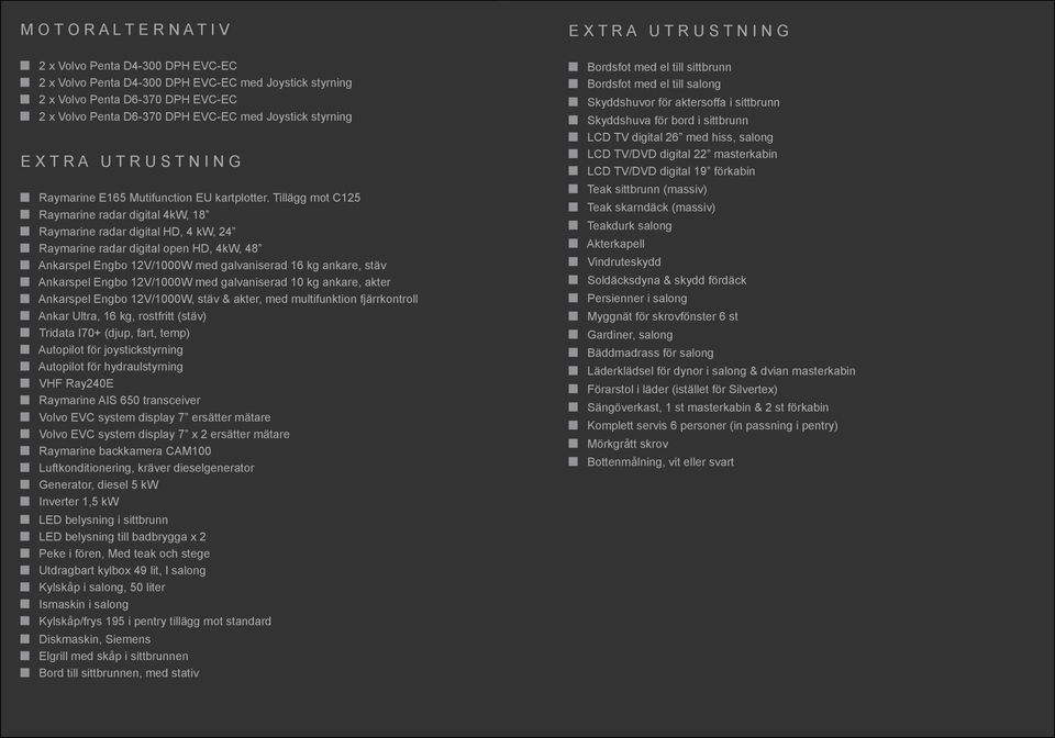 Tillägg mot C125 Raymarine radar digital 4kW, 18 Raymarine radar digital HD, 4 kw, 24 Raymarine radar digital open HD, 4kW, 48 Ankarspel Engbo 12V/1000W med galvaniserad 16 kg ankare, stäv Ankarspel