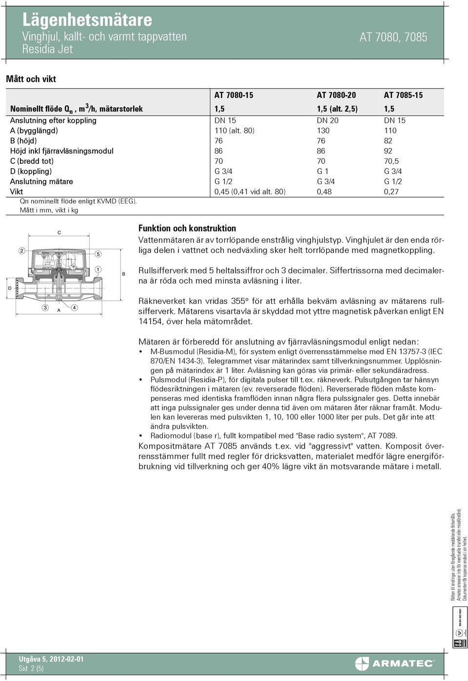 80) 0,48 0,27 Qn nominellt flöde enligt KVMD (EEG). Mått i mm, vikt i kg 2 C 5 Funktion och konstruktion Vattenmätaren är av torrlöpande enstrålig vinghjulstyp.