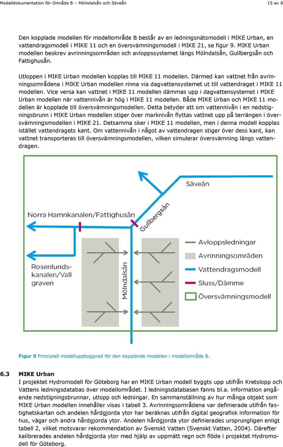 Utloppen i MIKE Urban modellen kopplas till MIKE 11 modellen. Därmed kan vattnet från avrinningsområdena i MIKE Urban modellen rinna via dagvattensystemet ut till vattendraget i MIKE 11 modellen.