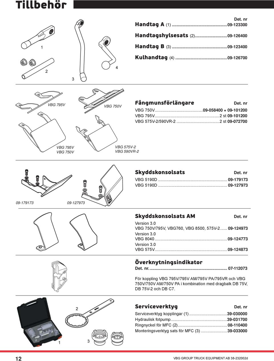 .. 09-127973 09-179173 09-127973 Skyddskonsolsats AM Det. nr Version 3.0... VBG 750V/795V, VBG760, VBG 8500, 575V-2... 09-124973 Version 3.0... VBG 8040...09-124773 Version 3.0... VBG 575V.