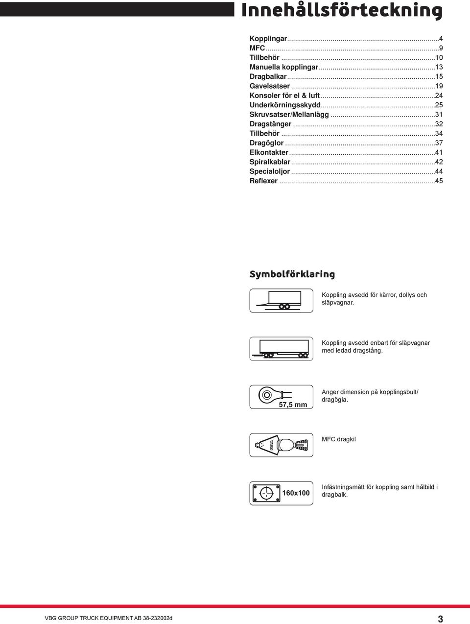 ..42 Specialoljor...44 Reflexer...45 Symbolförklaring Koppling avsedd för kärror, dollys och släpvagnar.