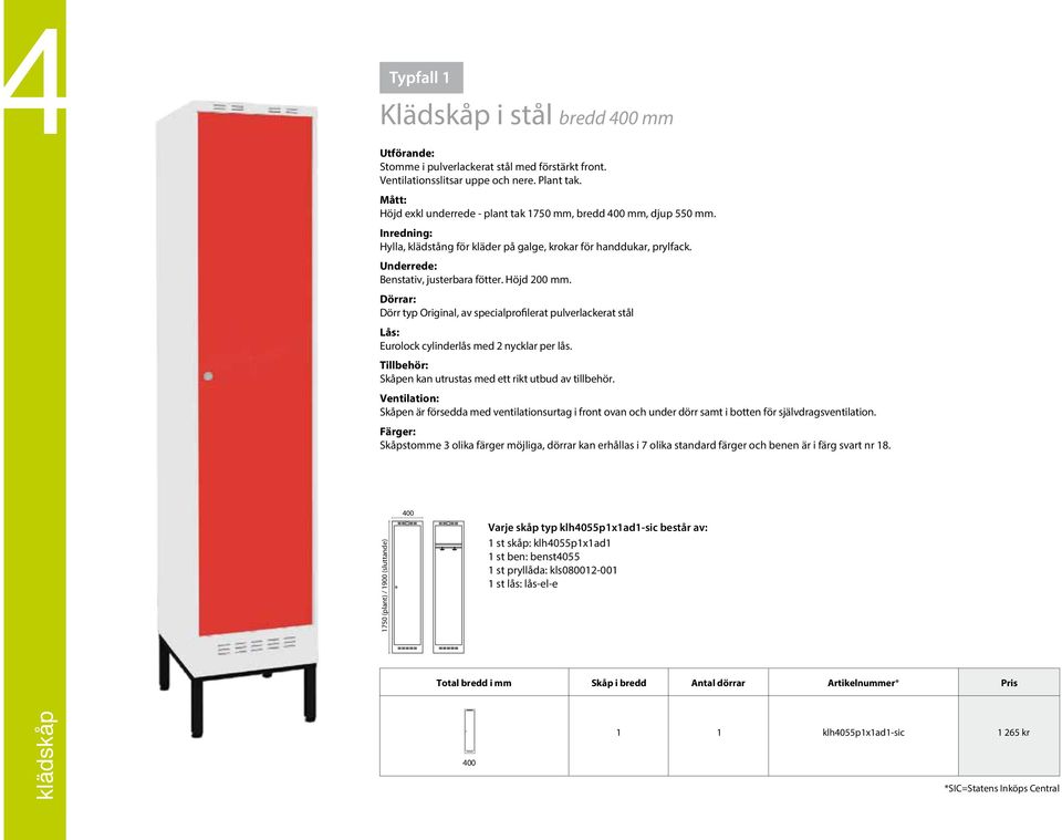 Höjd 200 mm. Dörrar: Dörr typ Original, av specialprofilerat pulverlackerat stål Lås: Eurolock cylinderlås med 2 nycklar per lås. Tillbehör: Skåpen kan utrustas med ett rikt utbud av tillbehör.