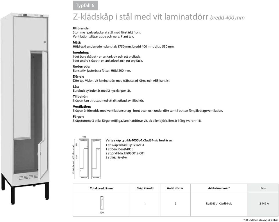 Underrede: Benstativ, justerbara fötter. Höjd 200 mm. Dörrar: Dörr typ Vision, vit laminatdörr med träbaserad kärna och ABS-kantlist 500 600 Lås: 550 Eurolock cylinderlås med 2 nycklar per lås.