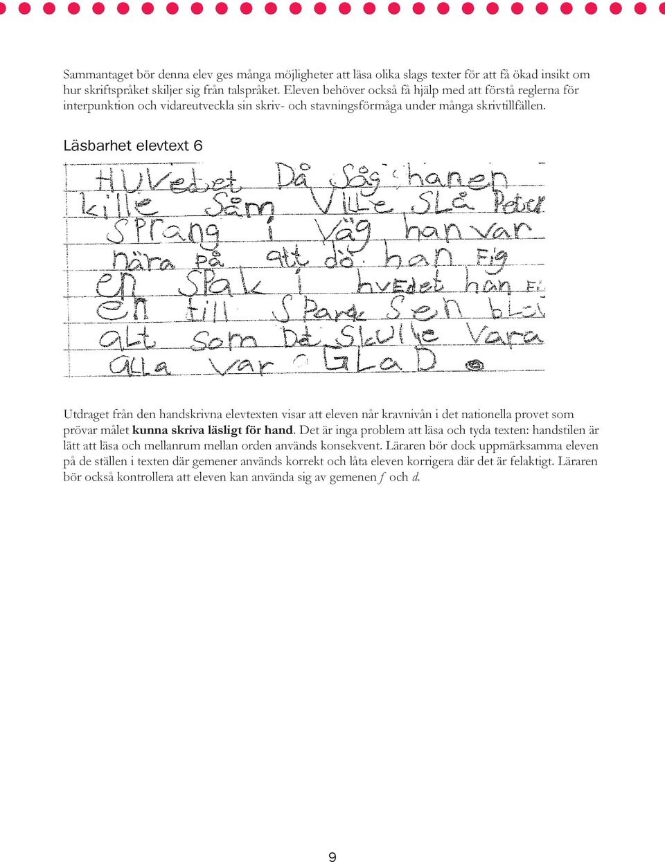 Läsbarhet elevtext 6 Utdraget från den handskrivna elevtexten visar att eleven når kravnivån i det nationella provet som prövar målet kunna skriva läsligt för hand.