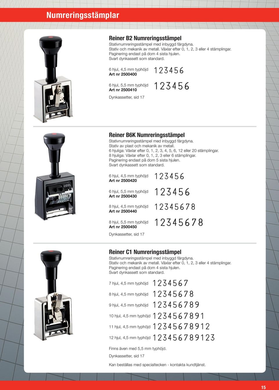 6 hjul, 4,5 mm typhöjd rt nr 2500400 6 hjul, 5,5 mm typhöjd rt nr 2500410 Dynkassetter, sid 17 Reiner B6K Numreringsstämpel Stativnumreringsstämpel med inbyggd färgdyna.