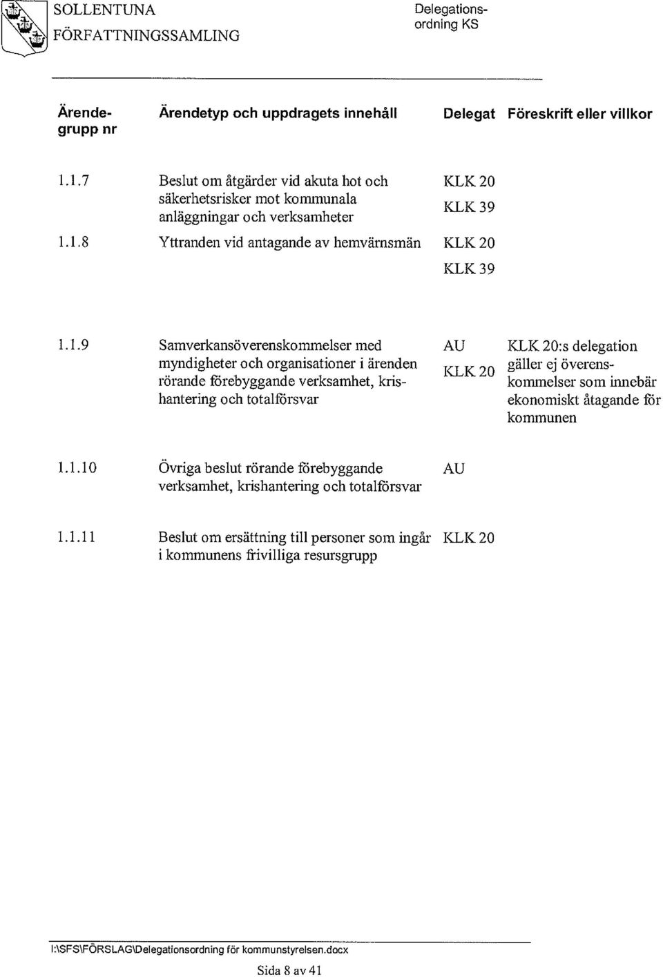 Samverkansöverenskommelser med myndigheter och organisationer i ärenden rörande förebyggande verksamhet, krishantering och totalförsvar AU KLK 20 KLK 20:s delegation gäller ej